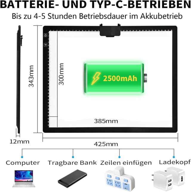 Detalle 2 de elice Leuchttisch A3 wiederaufladbar mit Ständer/Clip – LED-Lightpad für Diamond Painting, Zeichnen & mehr