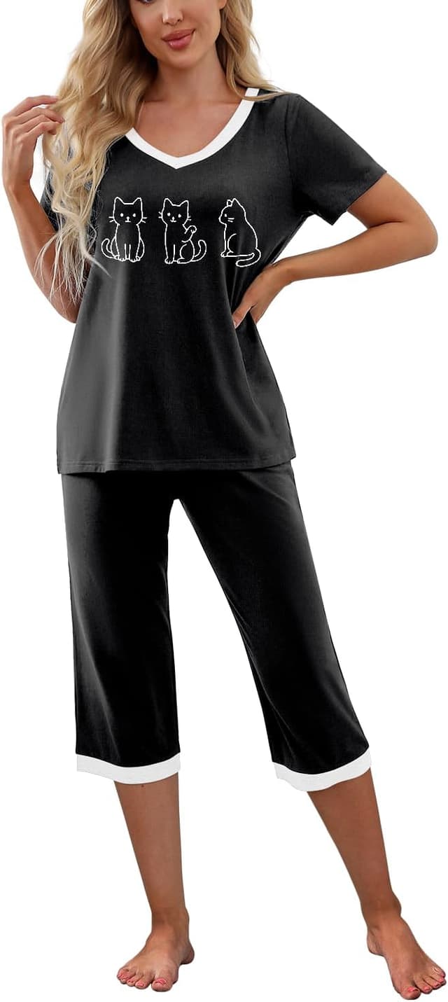 Detalle de PrinStory Women’s Pyjamas Set (Short Sleeve T-Shirt and Capri Pants) with Pockets