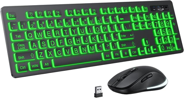 Detalle de KOPJIPPOM Large Print Wireless Keyboard and Mouse Combo with 7-Color Backlit Keys (Rechargeable, 2.4GHz)