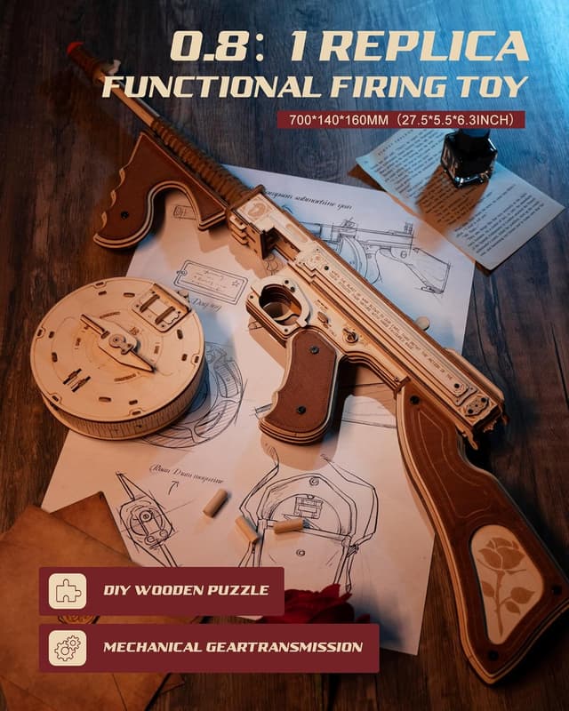 Detalle 2 de Robotime Puzzle 3D en bois Thompson (maquette pistolet) à construire, modèle adulte