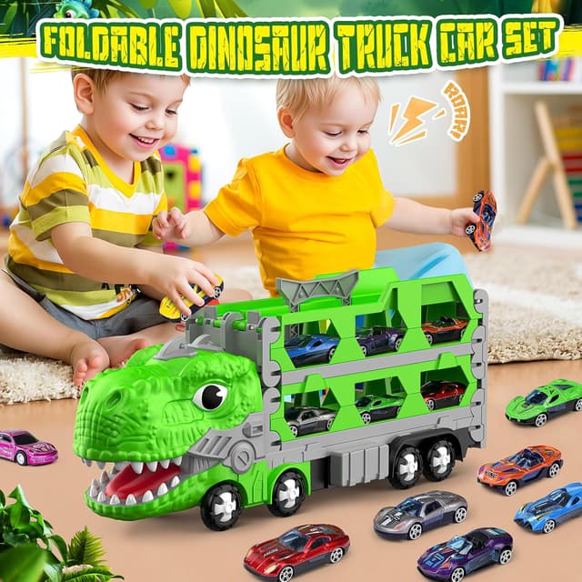 Detalle 2 de maysida Dino Transporter Truck mit 6 Autos und klappbarer 170‑cm Rennstrecke