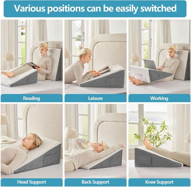 Detalle de Nordjager Wedge Pillow for Sleeping & Resting (24" Memory Foam Cushion with Grey/White Cover)