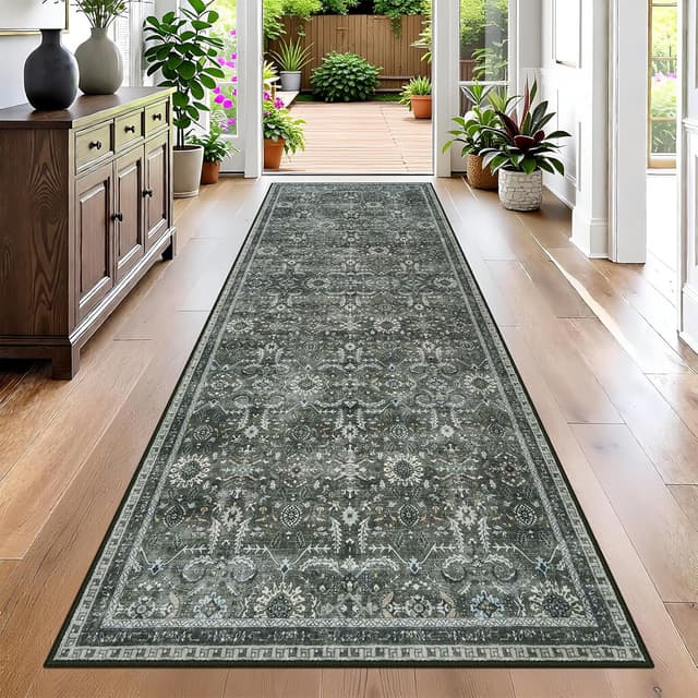 Detalle de Tapis de couloir IMIYOKU 65 x 180 cm vert foncé lavable antidérapant