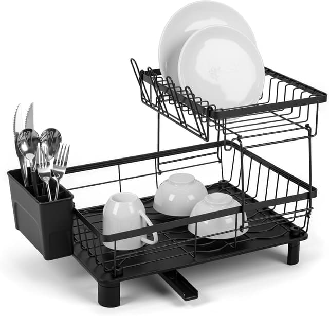 Detalle 2 de Theo & Cleo 2-stufiges Abtropfgestell für Geschirr mit 360° drehbarem Auslauf & Abtropfschale (schwarz)