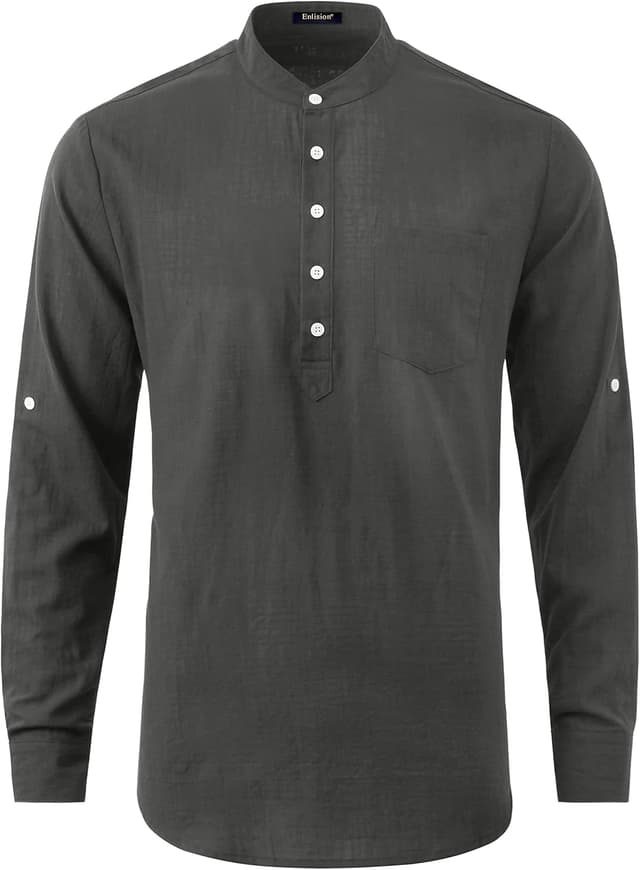 Detalle 2 de Enlision Herren Baumwolle-Leinenhemd als Henley Sommerhemd mit Langarm (Regular Fit)