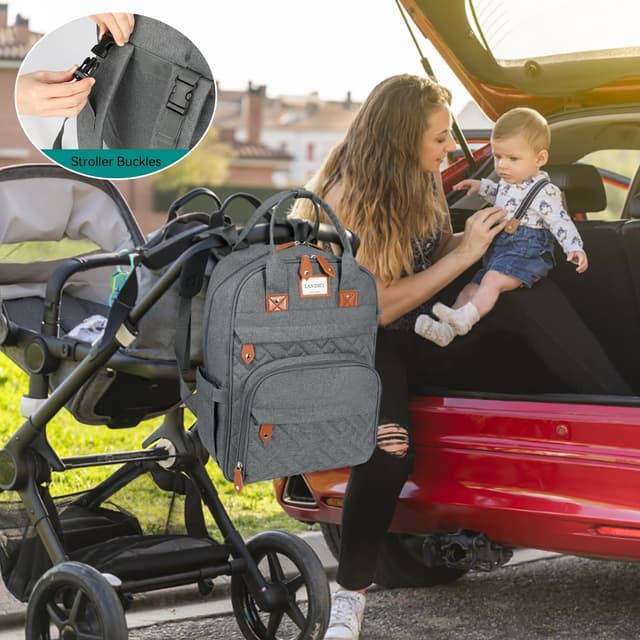 Thumbnail 6 de LANDICI Baby Changing Bag Backpack (Large) in Grey — with Changing Mat, Stroller Straps & Pacifier Case