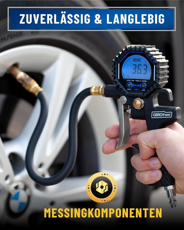 Detalle de GERCHWAY Digitaler Reifenfüller mit Manometer – digitaler Reifendruckprüfer 0–14 bar (±1% Messgenauigkeit)