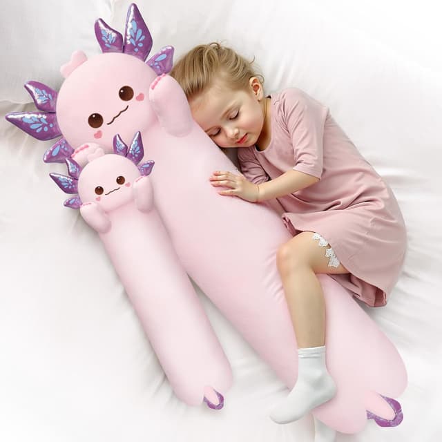 Detalle de Mewaii 20in Long Plush Axolotl Pillow – Purple cuddle and sleep hug toy