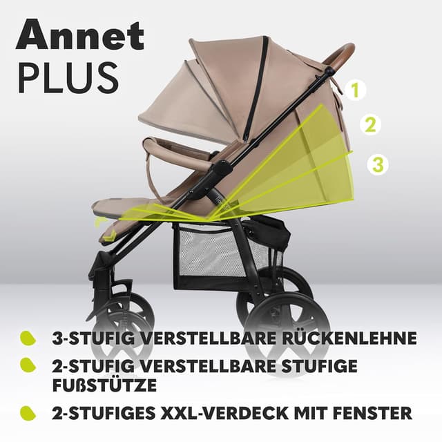 Detalle de Lionelo Annet Plus Buggy ab Geburt bis 22 kg mit flacher Liegefunktion und XXL-Verdeck