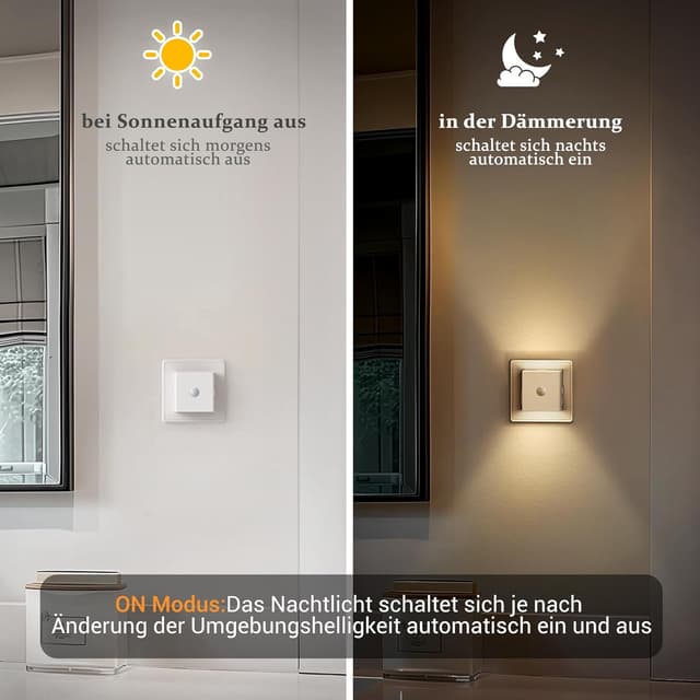 Detalle de Emeritpro Nachtlicht-Steckdose mit Bewegungsmelder & Dämmerungssensor, 3 Helligkeitsstufen, 2er-Set (Warmweiß)