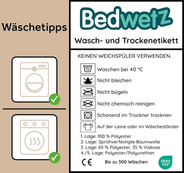 Detalle de Bedwetz waschbare Kinder-Matratzenauflage mit wasserdichtem Schutz (5-lagig, seitliche Umschläge)