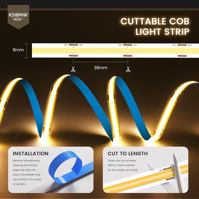 Detalle de KSIBNW 24V COB LED-Streifen Warmweiß, 5 m selbstklebend (3000K, CRI90+, 8 mm) – ohne Netzteil
