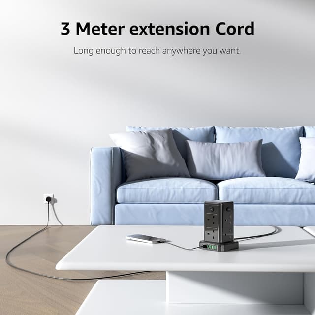 Thumbnail 6 de 3M Tower Extension Lead with USB C Slots – 8 AC Outlets and 6 Smart USB Ports (3 USB C + 3 USB A)
