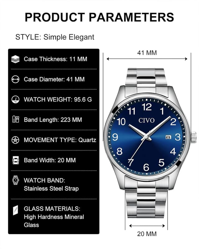 Thumbnail 6 de CIVO Herren-Armbanduhr aus Edelstahl mit Quarzwerk, analogem Zifferblatt und Datumsanzeige (41 mm)