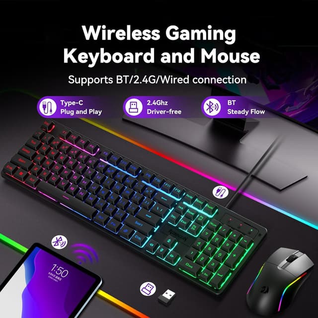 Detalle 2 de Redragon S107KS Tri-Mode Wireless Gaming Keyboard and Mouse Combo (RGB, 2.4G/BT/Cabled, 10,000 DPI)