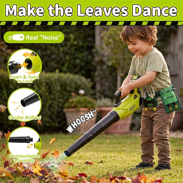 Detalle 2 de Pandapop 2-in-1 Werkzeug-Set für Kinder ab 3 Jahren: Rasenmäher & Laubbläser mit Lichteffekt