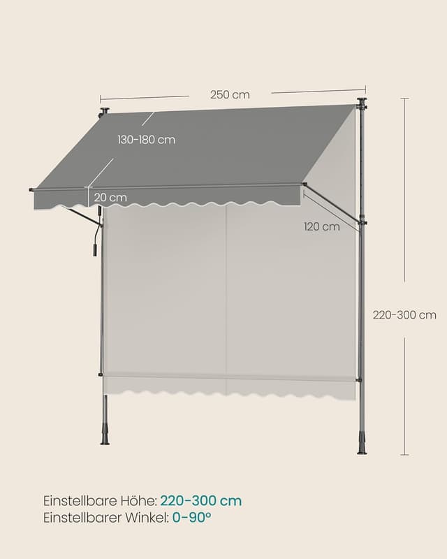 Detalle de SONGMICS Klemmmarkise für Balkon und Terrasse, höhenverstellbar mit Handkurbel, 250 x 120 cm, grau GSA252G01