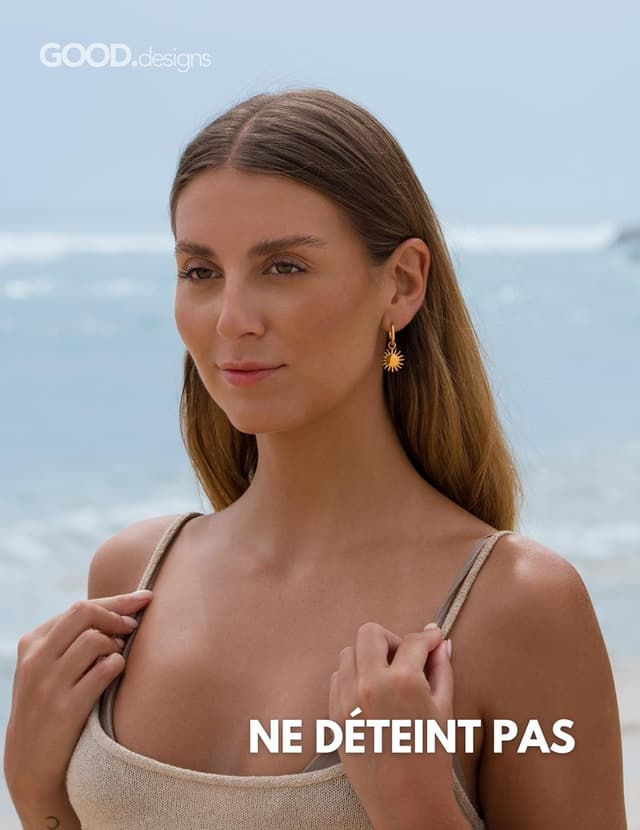 Detalle de Boucles d’oreilles créoles avec pendentif soleil en acier inoxydable 316L (imperméables, 17 mm)