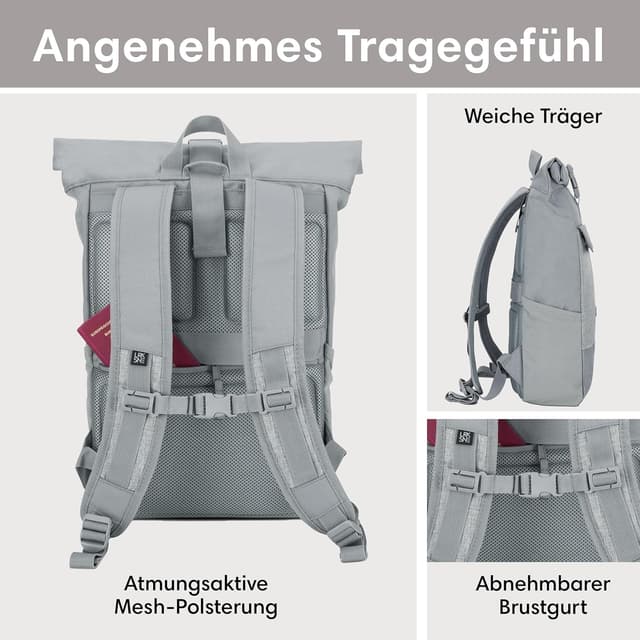 Detalle de Larkson Rolltop-Rucksack No 4 (Damen & Herren) mit Laptopfach bis 16 Zoll – wasserabweisend, für Uni, Arbeit & Fahrrad