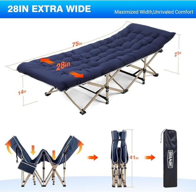Detalle 2 de OVERMONT Oversized Folding Camping Bed (Adults) – 75 × 28" extra wide, 2400D Oxford, 550lbs capacity