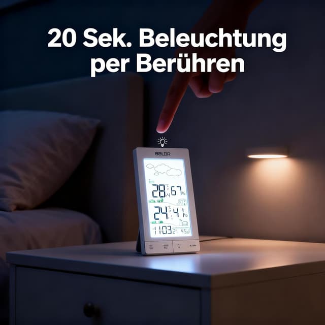 Detalle de Konsen Wetterstation Funk für Innen/Außen mit Außensensor (DCF) – Thermometer/Hygrometer mit Beleuchtung & Wettervorhersage in Weiß