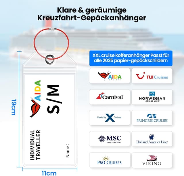 Detalle de HONIZER AIDA Kofferanhänger-Set für Kreuzfahrten (6 wasserfeste Anhänger, 4 Magnet-Haken)