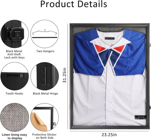 Detalle 2 de IHEIPYE Jersey Frame Display Case (Black, Lockable, Large) with UV-Protective Acrylic and Hangers