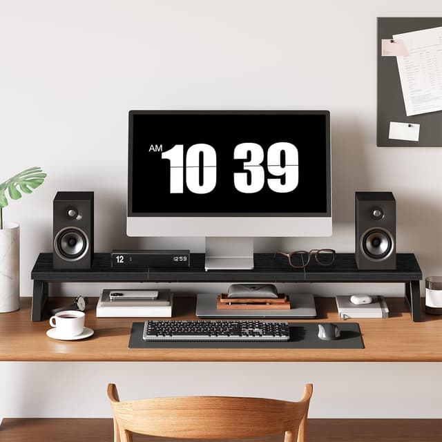 Detalle de HOOBRO EBB121CJ01 supporto scrivania per 2 monitor con rialzo e spazio contenitore