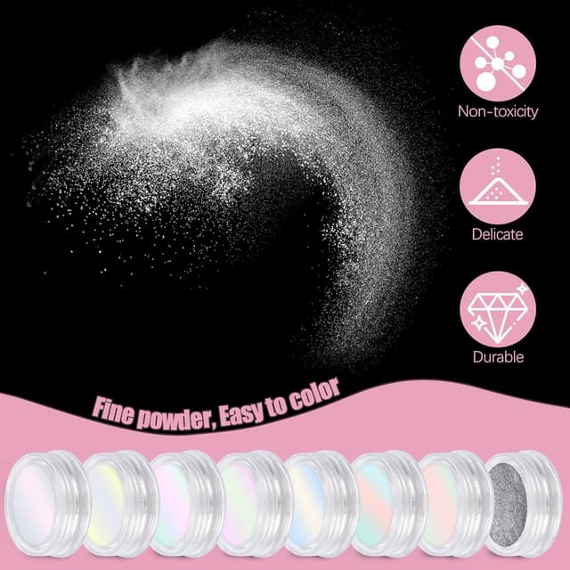 Thumbnail 6 de Artdone 8 Jars Chrome Nail Powder Magic White Pearl Kit (Mirror & Holographic Effects)