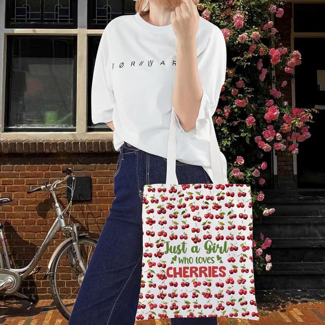Detalle de LEVLO Funny Cherry cotton canvas cosmetic bag – “Just A Girl Who Loves Cherries” zip pouch
