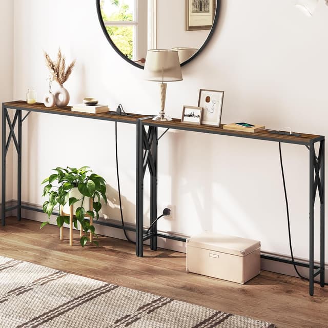 Detalle de MAHANCRIS 2 Pack Console Table with Charging Station (100 cm narrow entryway table) in Rustic Brown