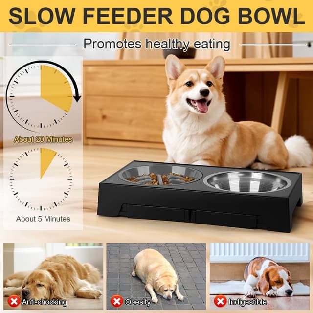 Detalle de AUYAO Raised Dog Bowls Adjustable Elevated Feeder (5 heights) with 2 stainless steel bowls