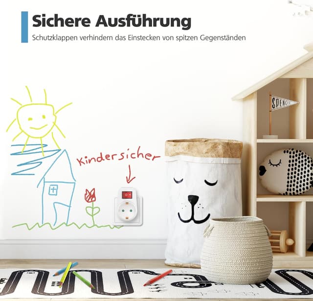 Detalle de benon 3er-Set Steckdosen-Adapter mit Schalter und Kindersicherung (Schuko, bis 3680 Watt)