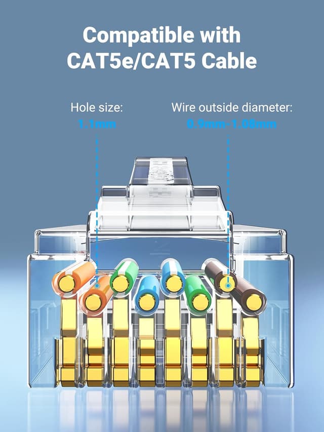 Detalle de UGREEN RJ45 Connector (50-pack) Gold-Plated Modular RJ45 Plugs for Cat5/Cat5e Ethernet