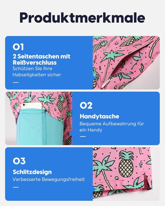Detalle de MaaMgic 2-in-1 Badehose für Herren mit Kompressions-Innenhose – schnelltrocknende Boardshorts mit 4-Wege-Stretch