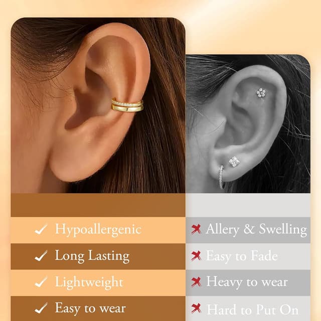 Detalle de Turandoss 6 Paar Ohrringe Set (Silber/Gold, 14K vergoldet) für Damen – Ohrstecker & Ear Cuff mit Kette