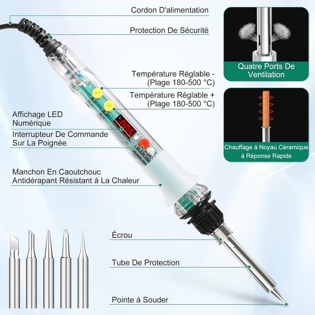 Detalle de Kit fer à souder OneAmg 80 W à température réglable 180–500 °C (5 pannes) avec fil, pompe à dessouder et accessoires