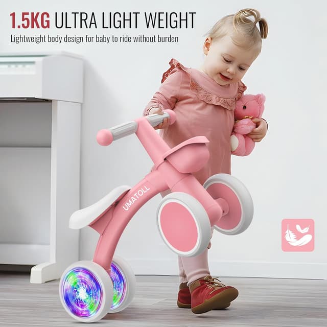 Detalle 2 de Umatoll Colorful Lighting Baby Balance Bike (New Pink) — Adjustable Seat for 12–24 Months