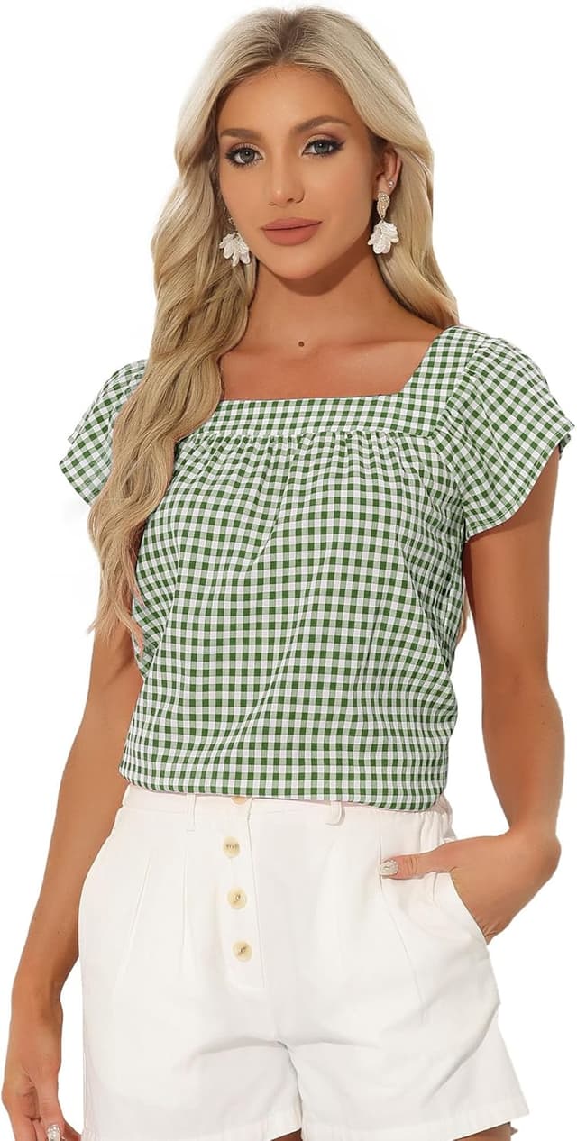 Thumbnail 6 de Allegra K Damen kariertes ärmelloses Hemd mit quadratischem Ausschnitt