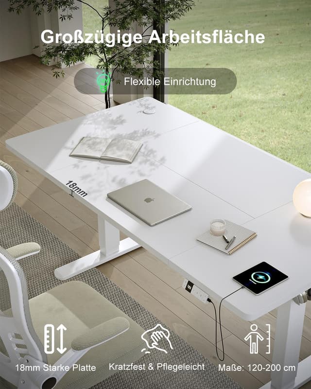 Detalle de Devoko höhenverstellbarer Schreibtisch elektrisch 140x80 cm (Typ-C Ladeanschluss) in Weiß