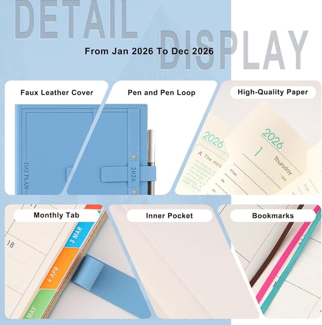 Detalle 2 de Agenda 2026 A5 une page par jour (janvier à décembre) avec stylo tactile et onglets mensuels colorés