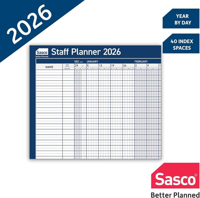 Detalle 2 de Sasco 2026 Staff Year Wall Planner (Poster Style) with Wet Wipe Pen & Sticker Kit – Blue, 91.5x61cm