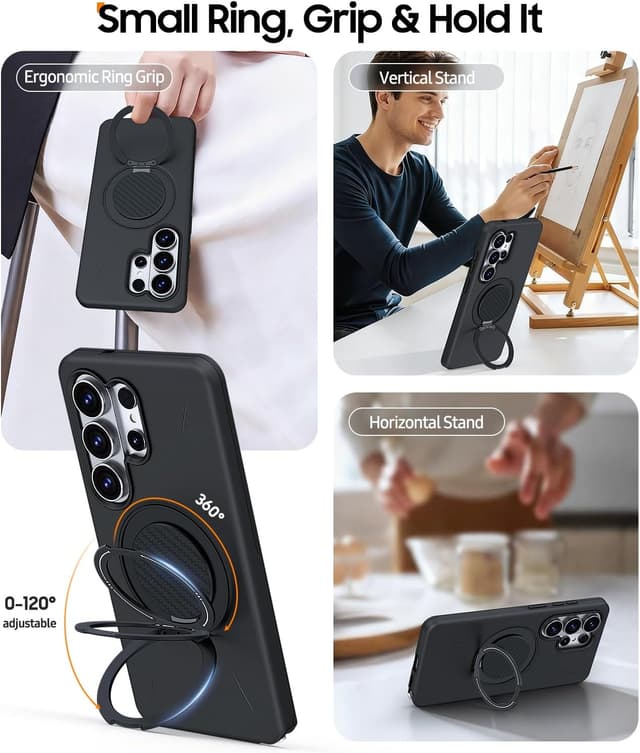 Detalle de AOUIA Samsung S26 Ultra Case (Black) with 2-Pack Screen Protector & 360° Kickstand