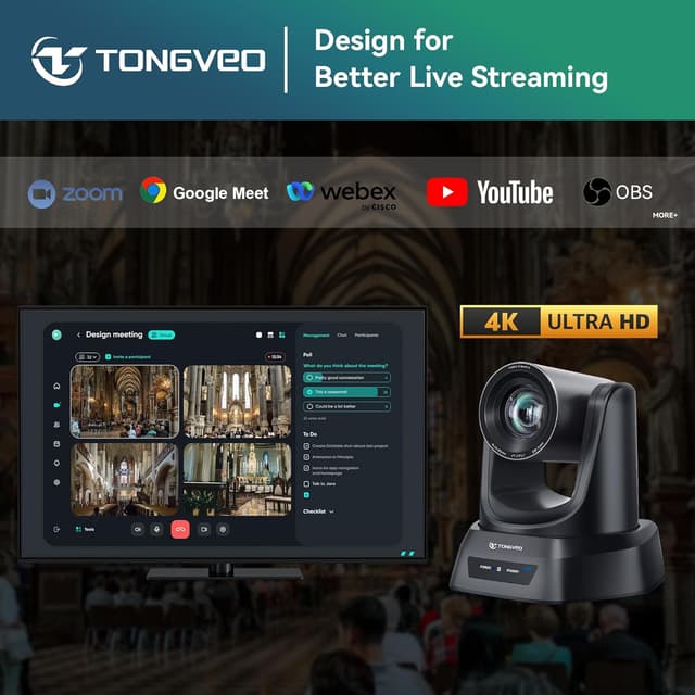 Detalle de TONGVEO 4K AI PTZ Camera with Auto Tracking and 20X Optical Zoom for Conference Rooms, Church, and Live Streaming