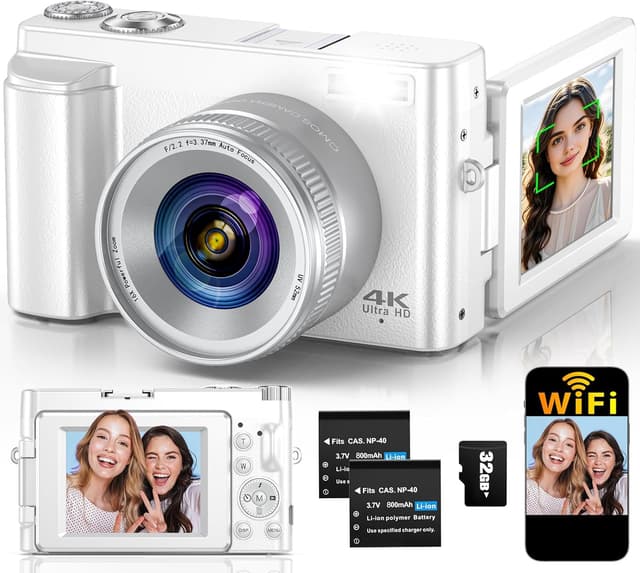 Detalle de 4K Digital Camera for Photography with Autofocus, 64MP WiFi Vlogging Camera (3" 180° Flip Screen) + 2 Batteries, White