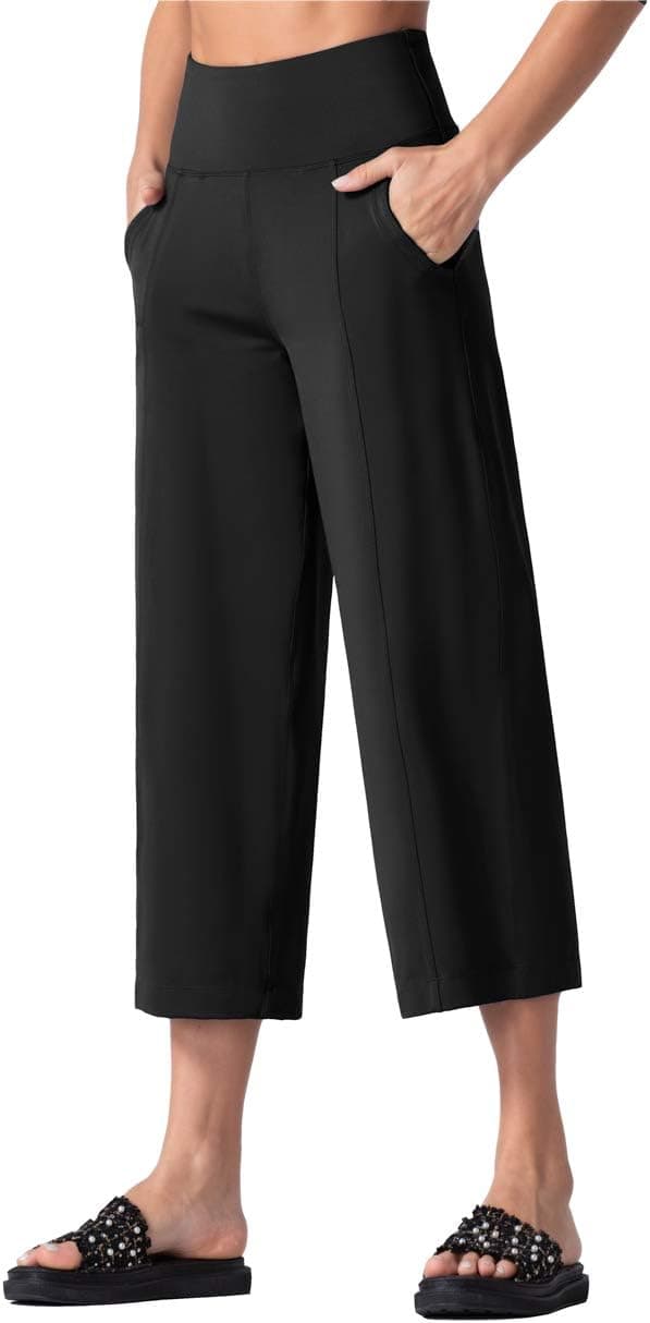 Detalle de THE GYM PEOPLE Womens’ Yoga Capris 3/4 Wide-Leg Trousers with Pockets & Tummy Control