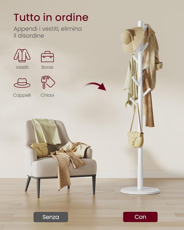 Detalle de VASAGLE Attaccapanni da terra RCR009WH01 in legno con 8 ganci e palo stabile, bianco nuvola