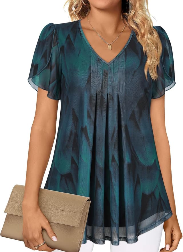 Detalle de ACDAY V-neck ruffle short sleeve chiffon-style blouse with double-layer mesh tunic design for women