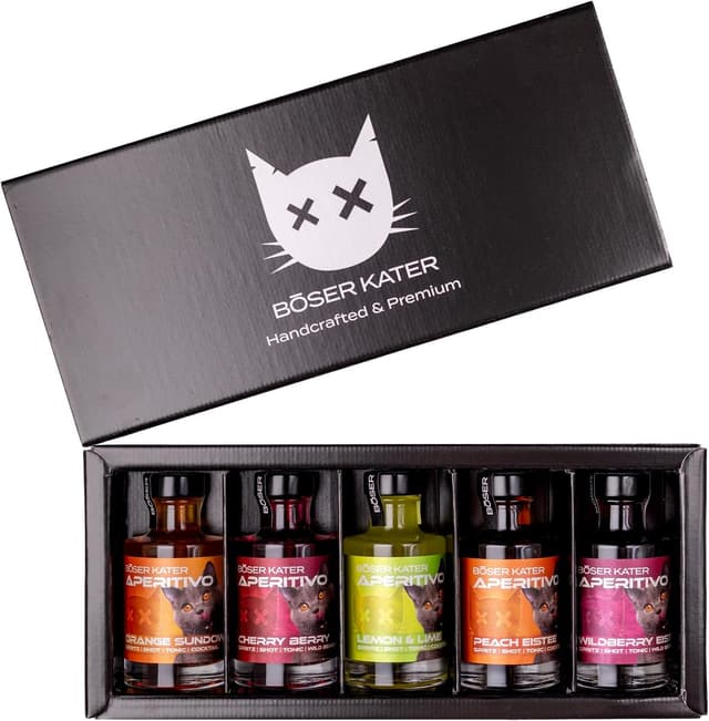 Detalle 2 de BÖSER KATER Farbwechsel Gin Tasting-Set in Geschenkbox (für bis zu 5 Personen) mit 100-ml Miniaturen