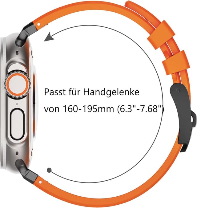 Detalle de NewWays silicone strap for Apple Watch (42mm/41mm/40mm/38mm) with stainless steel connector – Orange/Black